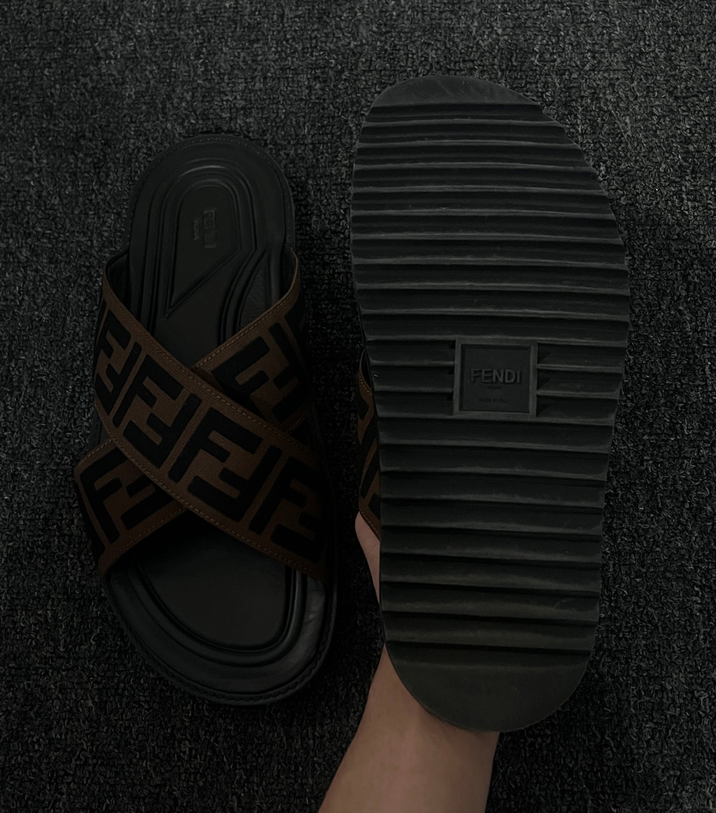 FENDI FF LOGO JACQUARD FARBIC SLIDES